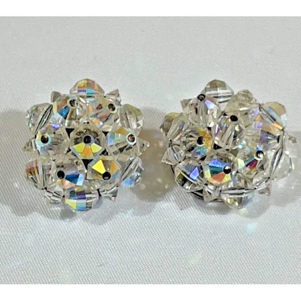 Laguna Vintage Clip On Earrings Aurora Borealis Crystal Cluster MCM Wedding Glam